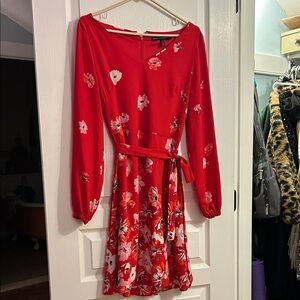White House Black Market Red Floral Long Sleeve Dress